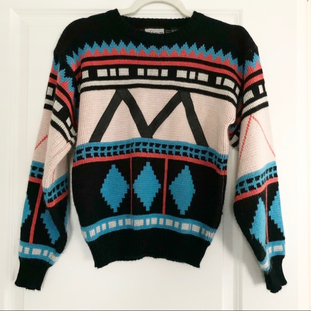 Vintage 80s Sweater Patterned Leather Trim Small Stranger Things